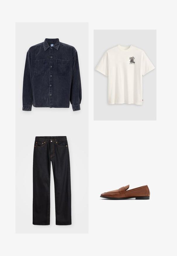 Marineblå kordfløjlsskjorte med lange ærmer, to forlommer og knaplukning. Har en klassisk krave og tekstureret stof.; Hvid bomulds T-shirt med et grafisk print af en sko og hatte, med multicolore detaljer, korte ærmer og rund halsudskæring.; Mænds lige ben sorte denim jeans med fem lommer og orange syninger, knap- og lynlåslukning foran på taljen.; Brune læder loafers med en lav silhuet, rund tå og syet detaljering på vampen. Solid sort sål med en glat finish.