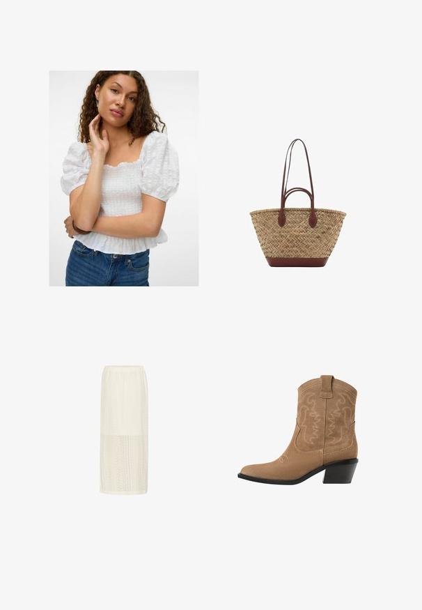 Blouse blanche à manches bouffantes avec un décolleté carré, un corps texturé et un ourlet volanté. Associée à un jean en denim taille haute.; Jupe midi blanche avec un motif en dentelle texturée, dotée d'une taille légèrement élastique et d'une silhouette droite. Tissu léger et aéré.; Bottines western en daim marron avec un bout pointu, un design brodé et un petit talon noir empilé. Comprend des tirettes pour un enfilage facile.; Sac fourre-tout en paille tissée avec une texture tressée, anses et base en cuir marron foncé, forme circulaire large et design ouvert en haut.