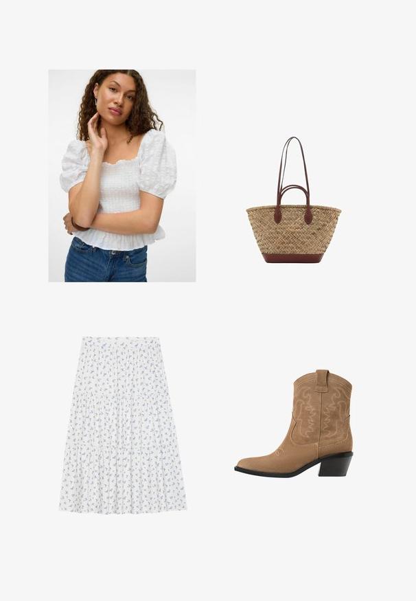 Weiße Bluse mit Puffärmeln und quadratischem Ausschnitt, strukturiertem Oberteil und gerafftem Saum. Kombiniert mit hochgeschnittenen Jeans.; Blumiger Rock aus leichtem Stoff, mit einem weißen Hintergrund und kleinen blauen Blumen, gestuftem Design und elastischem Taillenbund.; Braune Wildleder-Westen-Stiefelette mit spitzem Zeh, besticktem Design und einem niedrigen, gestapelten schwarzen Absatz. Mit Zuglaschen für einfaches Anziehen.; Geflochtene Strohttasche mit geflochtener Textur, dunkelbraunen Ledergriffen und Boden, breiter runder Form und offenes Oberteil.
