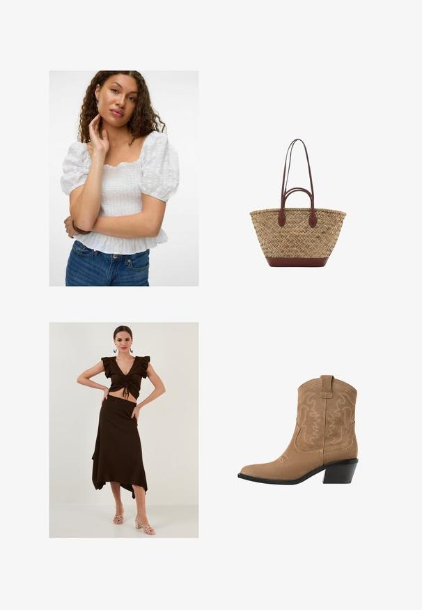 Bijela bluzica s puf rukavima i četvrtastim izrezom, teksturiranim tijelom i volanima na rubu. Uparena s trapericama visokog struka.; Smeđi rebrasti komplet koji se sastoji od topa s volanima i visokim strukom asimetrične suknje. Glatka tekstura, prilagođen dizajn.; Smeđa antilop cowboy čizma do članaka s šiljastim vrhom, izvezenim dizajnom i niskim, složenim crnim potpeticama. Ima ručke za lakše obuvanje.; Tkana torba od trske s pletenom teksturom, tamnosmeđi kožni drška i dno, široki kružni oblik i otvoreni gornji dizajn.