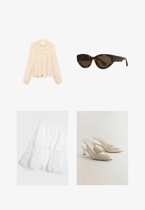 Blouse beige clair avec de longues manches bouffantes, un col volanté et des détails en dentelle au niveau de la poitrine ; tissu doux et fluide avec un design plissé.; Jupe blanche à volants en tissu léger, ornée d'un design à volants et d'une bordure en dentelle florale à l'ourlet. Taille élastique.; Talons slingback beiges avec des pointes effilées, présentant un design à rayures découpées, des détails tissés et un petit talon bloc. Fini de surface lisse.; Lunettes de soleil en forme d'œil de chat en écaille de tortue avec des verres marron, dotées de montures en plastique lisses et brillantes et d'un design élégant. Pas de logos ou d'accent visible.; Barrette blanche en forme de fleur avec un dégradé jaune clair, dotée d'un mécanisme à ressort et d'une texture en plastique lisse.