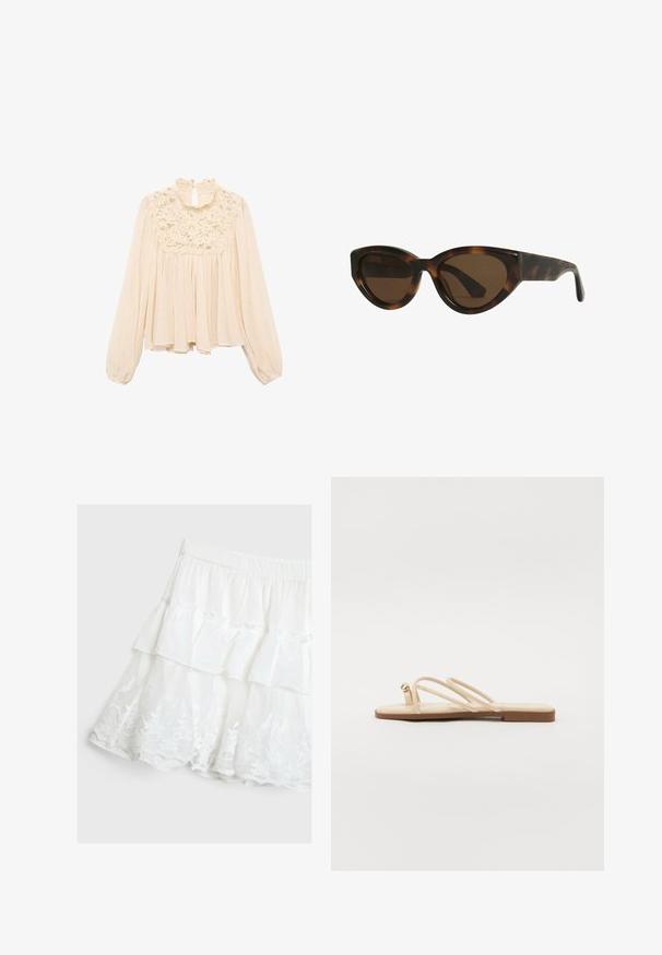 Svetlo béžová blúzka s dlhými nafúknutými rukávmi, ruffled výstrihom a krajkovým detailom na hrudi; mäkká, splývavá látka s plisovaným dizajnom.; Biely vrstvený sukňa vyrobená z ľahkej látky, ktorá má riasený dizajn a kvetinovú čipkovanú obrubu na leme. Elastický pás.; Béžové ploché sandále s tromi tenkými popruhmi a malým zaobleným zlatým akcentom. Hladký materiál s minimalistickým dizajnom a hnedou podrážkou.; Mačacie slnečné okuliare v štýle tortoiseshell s hnedými šošovkami, s hladkými, lesklými plastovými rámami a elegantným dizajnom. Žiadne viditeľné logá ani akcenty.; Biely vlasový klip v tvare kvetu s jemným žltým prechodom, so zaskakovacím mechanizmom a hladkým plastovým povrchom.