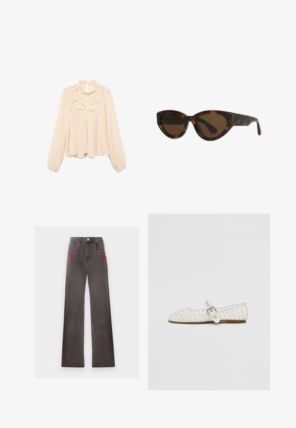 Blusa de color beige claro con mangas largas abullonadas, cuello con volantes y detalles de encaje en el pecho; tejido suave y fluido con un diseño plisado.; Jeans de pierna ancha y talle alto en denim negro desgastado con cordones rojos y ojales de metal en los bolsillos delanteros. Presenta un cierre clásico de botón y cremallera.; Zapato plano blanco con puntera afilada, adornado con tachuelas plateadas, presenta una correa con hebilla sobre el empeine y una suela de color marrón claro.; Gafas de sol de montura en carey tipo ojo de gato con lentes marrones, que cuentan con unas suaves y brillantes monturas de plástico y un diseño elegante. Sin logotipos ni acentos visibles.; Tory Burch RADZIWILL COLOR-BLOCK PEBBLED PETITE DOUBLE BAG - Bolso de mano - wild mushroom