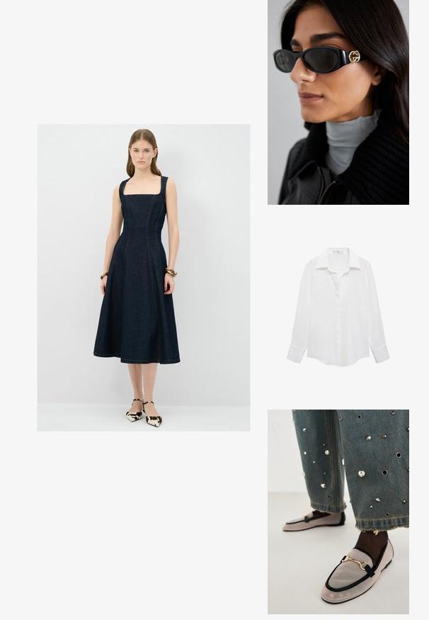 Weißes Langarmhemd mit klassischem Kragen, Knopfverschluss und einem glatten, leichten Stoff. Der Saum ist an den Seiten leicht abgerundet.; Dunkelblaues Denim-Kleid mit quadratischem Ausschnitt, figurbetontem Oberteil und ausgestellt Rock. Verfügt über kontrastierende Nähte und breite Schulterträger.; Lederloafers in zartem Pink mit schwarzem Besatz, ausgestattet mit einer goldenen Kettendekoration. Kombiniert mit Jeans, die mit Metallnieten versehen sind.; Schwarze Sonnenbrille mit einem schlanken rechteckigen Rahmen und einem goldenen Logo-Akzent an der Seite. Dunkle Gläser und glänzende Oberfläche sind auffällig.
