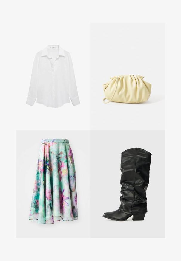 Weißes Langarmhemd mit klassischem Kragen, Knopfverschluss und einem glatten, leichten Stoff. Der Saum ist an den Seiten leicht abgerundet.; Marc Cain A-Linien-Rock - light green; Schwarze Lederstiefel bis zum Knie mit einem rüschigen Design, spitzem Zehenbereich und breitem Absatz, mit glatter Texture und minimaler Naht.; Gelbe, gefaltete Handtasche aus glattem Kunstleder mit weicher Form, einzigem Schulterriemen und gerafftem Oberteil.; Rote Perlenohrringe in Hoop-Form mit strukturierter Oberfläche und einem Postverschluss in Goldfarbe. Kreisförmiges Design mit offenem Zentrum und abgerundetem Perlendetail.