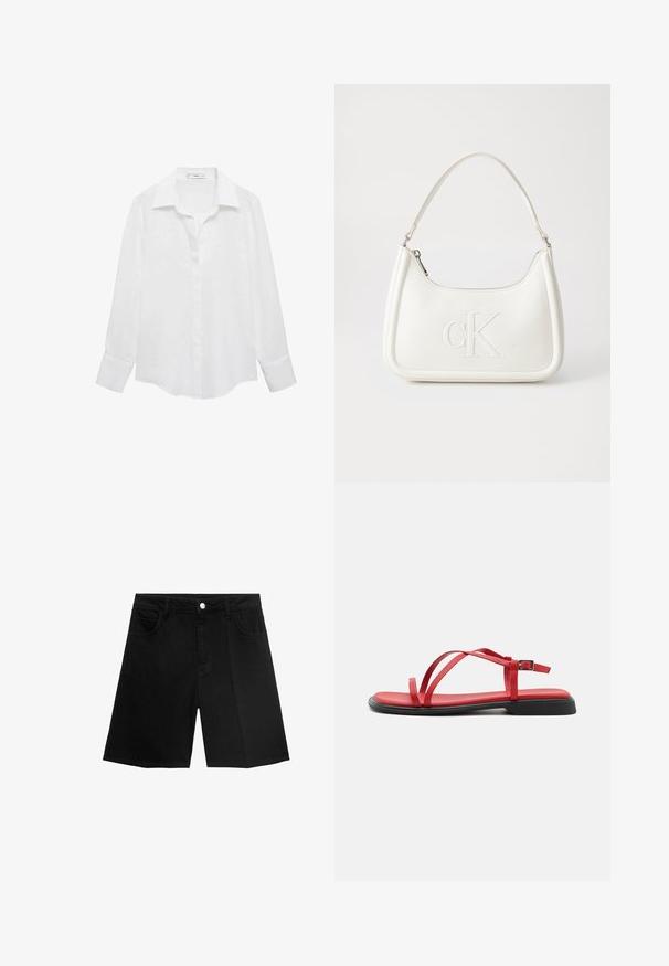 White long-sleeve shirt featuring a classic collar, button closure, and a smooth, light fabric. Hem is slightly curved at the sides.; Black denim shorts featuring a straight cut, five pockets, and a silver button closure. Smooth texture with minimal stitching detail.; Red flat sandal with slim straps, buckle closure, and a black rubber sole. Smooth texture and minimalist design, including a shaped footbed.; White leather handbag with a curved shape, featuring an embossed "CK" logo on the front and a single shoulder strap. Zipper closure at top.; Pearl necklace with a delicate design, featuring small white pearls and a gold chain extender with a clasp for adjustable length.