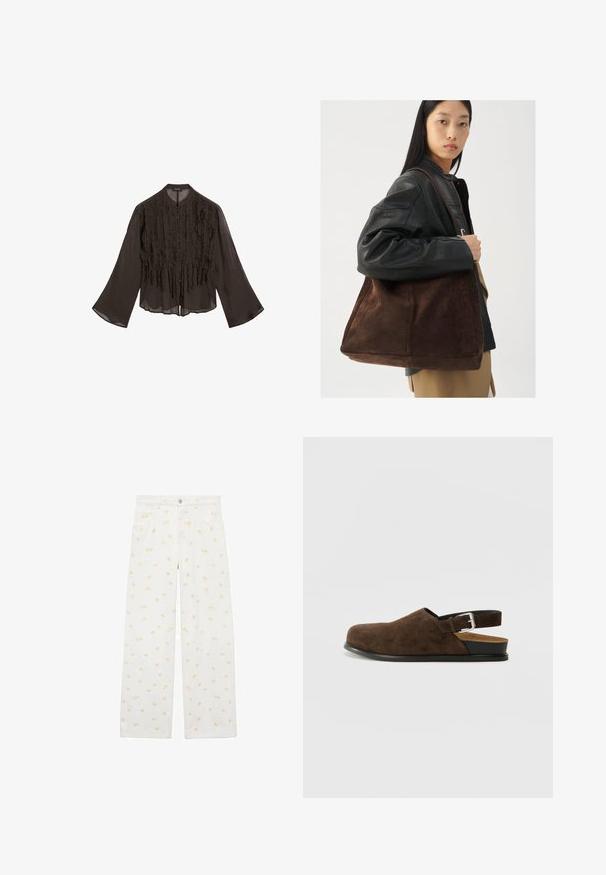 Sort, let bluse med rynket front, lange klokkeærmer og rundet krave. Har knaplukning langs fronten.; Hvide bredde bukser lavet af denim med et gennemgående lys orange blomsterdesign og forlommer. Knapper i taljen til lukning.; Brune ruskinds slip-on sko med lav hæl, en justerbar rem med en sølv spænde og en sort gummisål.; Brun ruskind tote taske med en bred form og blød tekstur, der har en enkelt strop og minimal hardware mod en neutral baggrund.