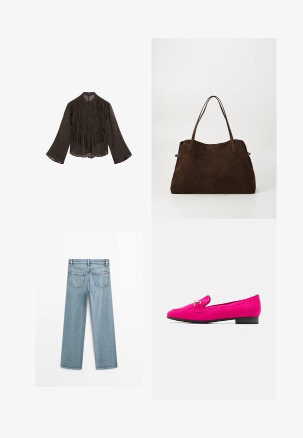 Zwart, lichtgewicht blouse met een gerimpelde voorkant, lange klokvormige mouwen en een ronde kraag. Voorzien van een knoopsluiting aan de voorkant.; Lichtblauwe denim wijde jeans met een gemiddelde taillehoogte, voorzien van twee achterzakken en een klassieke rechte snit.; Fuchsia suède loafers met een platte zwarte hak, voorzien van een decoratieve band en een klein gespsysteem. Glad textuur en slanke silhouet.; Vagabond CANNES - Shopper - coffee