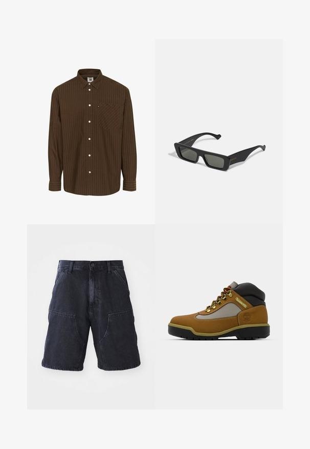 Ruda dryžuota marškinėlių su apykakle, ilgomis rankovėmis ir krūtine kišenėje; turi baltus mygtukus ir tekstūruotą audinį.; Tamsūs džinsiniai šortai su tiesiu kirpimu, didelėmis priekinių kišenių, ir mygtukų uždarymu; glotni tekstūra ir minimalūs siuvimo detalės.; Rudos žygio batai su pilkais ir juodais akcentais, tekstūruota odinė viršutinė dalis, metalinės akytės ir tvirta guminė padais, užtikrinantis sukibimą.; Juodos stačiakampės saulės akinių su tamsiais lęšiais, pagaminti iš lygaus plastiko. Šone yra aukso spalvos užrašas, elegantiški šonai ir modernus dizainas.