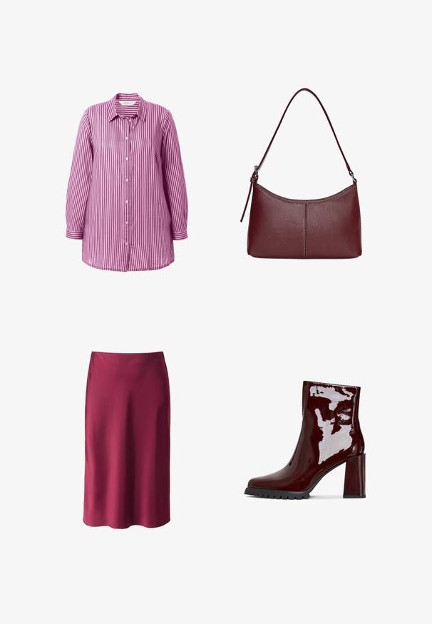 Stribet skjorte i lilla og hvid, med spidse krave, lange ærmer og lige kant. Blødt bomuldsstof.; Burgunderfarvet satin nederdel med en glat tekstur, lige snit, mid-længde og en subtil glans. Ingen synlige mønstre eller hardware detaljer.; Glatte bordeaux ankelstøvle med firkantet tå, kraftig gennemsigtig hæl og tekstureret sort sål. Glat overflade med en højglans finish.; Kastanjebrun læderhåndtaske med en buet form, en enkelt skulderrem og syninger i midten. Glat tekstur, minimal hardware.