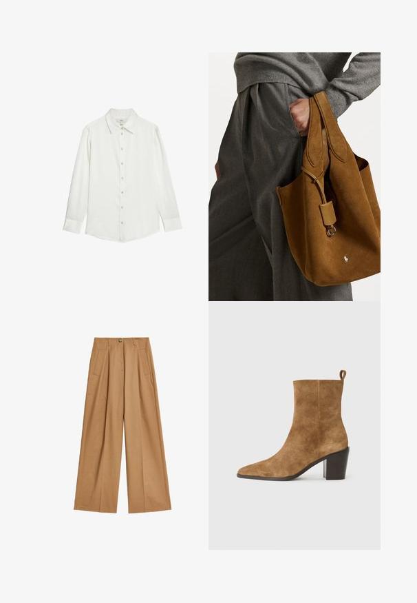 White long-sleeve shirt with a classic collar, front button placket, and smooth fabric texture. Features buttoned cuffs and a tailored fit.; Wide-leg trousers in a light tan color, made from smooth fabric, featuring two front pockets and a central button closure.; Brown suede ankle boot with a pointed toe and a chunky black heel, presented against a neutral background.; Brown suede tote bag with rounded shape, dual handles, and a metal hardware accent. Features a small logo on the front.