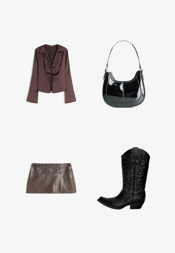 Brun satinblus med långa ärmar, djup V-ringning, snörning framtill och utsvängda ärmar; slät textur och strukturerad design.; Brun läder mini kjol med en nitzlad midja och ett bälteshål med spänne, slät textur och en elegant, rak design.; Svart cowboystövel gjord av läder med spetsig tå och böjd skaft. Har dekorativ sömnad och en låg blockklack.; Svart lackläderhandväska med en böjd design, dragkedjestängning och ett enda axelband med detaljer i silverfärgade metall och sömnadsaccenter.