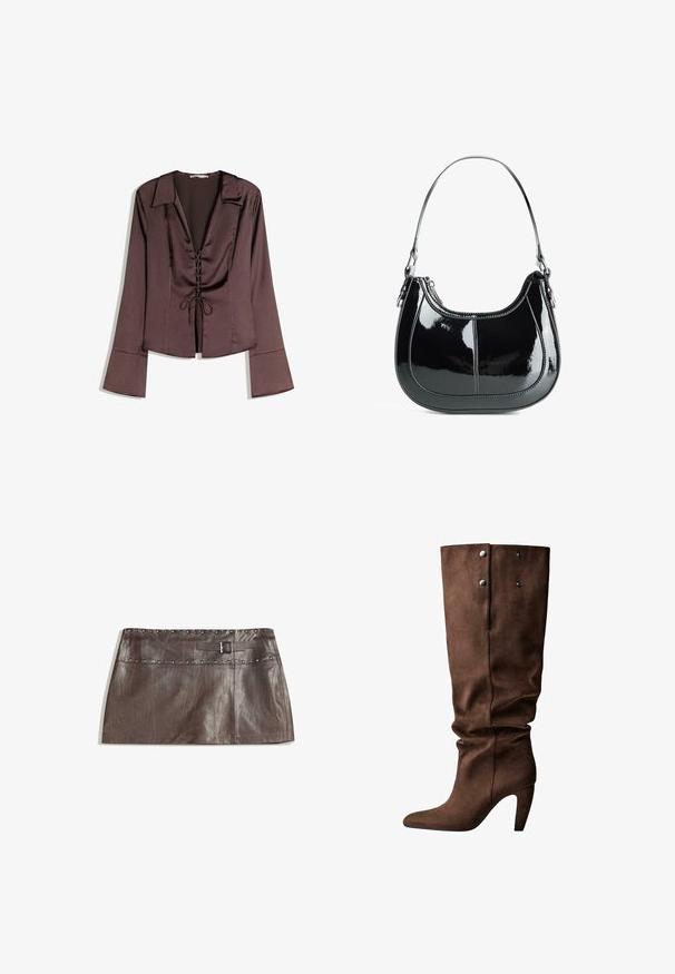 Brown satin long-sleeve blouse with a deep V-neck, lace-up front, and flared sleeves; smooth texture and structured design.; Brown leather mini skirt featuring a studded waistband and a belt loop with a buckle, smooth texture, and sleek, straight design.; Brown suede knee-high boot with a pointed toe and a slim heel. Features two silver snap buttons and a gathered upper design.; Black patent leather handbag with a curved design, zip closure, and a single shoulder strap featuring silver-tone hardware and stitching accents.