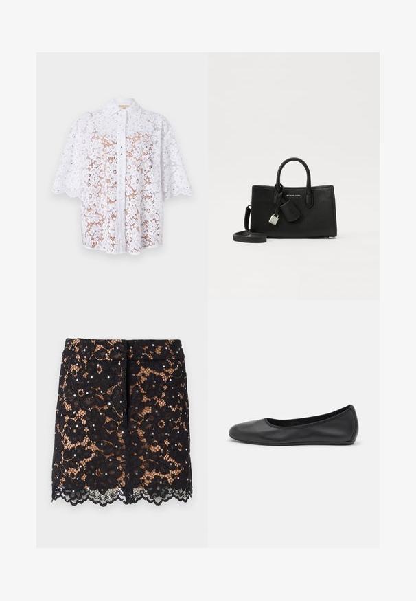 Blusa de renda branca com gola, mangas curtas, padrões florais e bordas denteadas, apresentando fechos de botão na parte da frente.; Saia de renda preta com padrões florais, strass decorativos, bainha ondulada e um design justo. Fica na altura da parte média da coxa.; Bailarina preta em pele com bico arredondado, textura suave, detalhe de costura minimalista e design de sola flexível.; Bolsa de couro preta com um design estruturado, alças superiores e uma alça transversal destacável. Apresenta um fecho metálico e detalhe com o logótipo.