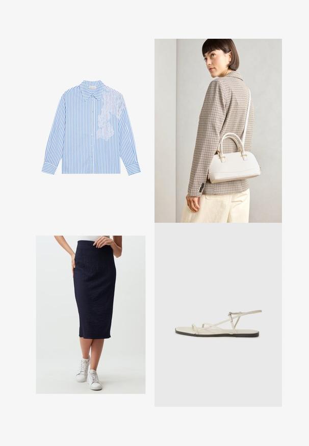 Blauw-wit gestreepte blouse met lange mouwen, een puntige kraag en knoopsluiting, met kantdetails aan de linkerkant.; Marineblauwe midi-jurk met een gestructureerde afwerking, hoge taille en een zijsplit. Gecombineerd met witte sneakers voor een casual uitstraling.; Beige platte sandaal met meerdere slanke bandjes en een verstelbare gesp. De zool is plat met een lichte donkere contrastering aan de rand.; Witte gestructureerde handtas met korte handvatten en een schouderband, voorzien van gouden hardwareaccenten en een textuurmateriaal, tentoongesteld tegen een grijze achtergrond.