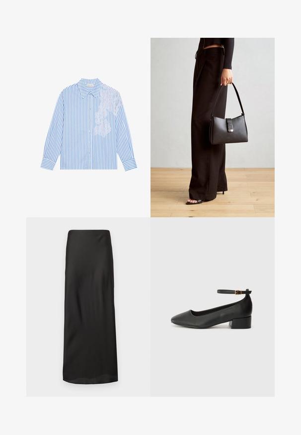 Blå og hvit stripete skjorte med lange ermer, spiss krage og knappelukking, med blonder detalj på venstre side.; Svart maxi-skjørt laget av glatt, lett stoff. Har en rett silhuett med elastisk midje og ingen synlige mønstre eller utsmykninger.; Sorte skinnpumper med spiss tå og lav blokkhelt. Har ankelrem med gullfarget spenne. Glatt tekstur.; Svart håndveske med strukturert form, jevn tekstur og metallisk lås. Kombinert med brede svarte bukser og sandaler med åpen tå på tregulv.