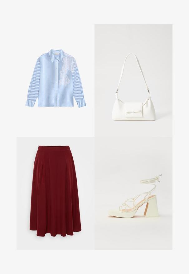 Sininen ja valkoinen raidallinen pitkähihaainen paita, jossa on terävä kaulus ja nappisulku, ja vasemmalla puolella pitsiyksityiskohta.; Punane plisseeritud midi seelik sujuva tekstuuriga, elastse vöökohtaga ja voogava vormiga, millel on lisadetailiks peened rippuvad osad.; Valkoinen korkokenkä, jossa on paksu korko, ja joka sisältää nauhakiinnityksen ja nilkkaketjun. Sujuva pinta, jossa on platform-etupohja lisäkorkeutta varten.; Valkoinen synteettinen käsilaukku, jossa on kolmikulmainen muoto, tasainen etu läppä ja nauhadetail, säädettävä olkahihna, sileä rakenne ja minimalinen muotoilu.