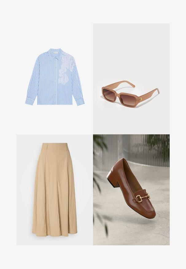 Svetlo modra in bela prugasta srajca z dolgimi rokavi, z ostrim ovratnikom in gumbastim zapenjanjem, ki vsebuje čipkaste detajle na levi strani.; Bež raundna maksi krila z visokim pasom, izdelana iz teksturirane tkanine, z gubami, ki padajo navzdol, preprosta in brez vzorcev.; Rjavi lakirani loafer z kvadratnim nosom, kovinsko verigo kot okrasom in nizko blok podplatom; gladka tekstura, minimalističen dizajn.; Rjavi pravokotni sončna očala z gradientnimi lečami, debelimi okvirji in detajlom logotipa na strani. Gladek plastičen material, minimalističen dizajn.