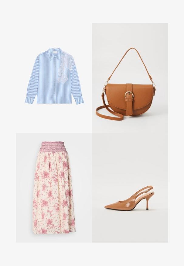 Kék és fehér csíkos ing, hosszú ujjakkal, hegyes gallérral és gombos záródással, bal oldalon csipke részlettel.; Tejfehér maxi szoknya rózsaszín virágos és geometrikus mintákkal. Rugalmas derékkal rendelkezik az állítható illeszkedés érdekében, könnyű anyagból készült.; Fingerszűk, hegyes orrú, háttámlás sarokcipő sima, fényes barnás anyagból. Íves kivágású dizájn és karcsú stiletto sarkú. Ezüst csattal ellátva.; Barna bőr keresztbody táska ívelt formával, aranyszínű fémrészekkel és csat díszítéssel. Levehető vállpánttal rendelkezik.