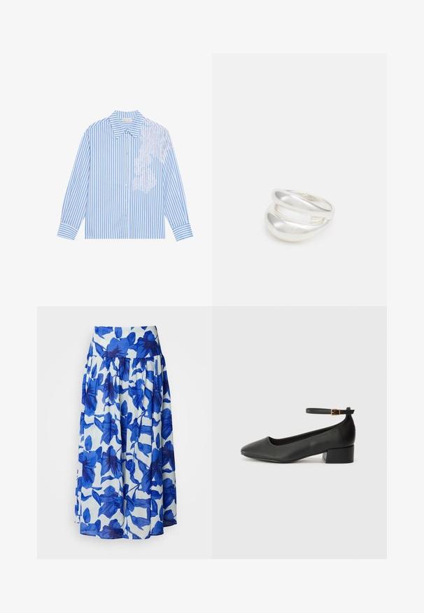 Chemise rayée bleue et blanche à manches longues, avec un col pointu et une fermeture à boutons, présentant des détails en dentelle sur le côté gauche.; Jupe évasée en tissu léger avec un motif floral bleu sur fond blanc, dotée d'une taille haute et d'un détail froncé.; Escarpin en cuir noir avec un bout pointu et un petit talon bloc. Doté d'une bride de cheville avec une boucle dorée. Texture lisse.; Bague en argent à double bande avec une surface lisse et polie. Présente un design fluide et courbé avec des sections qui se chevauchent pour un look moderne.