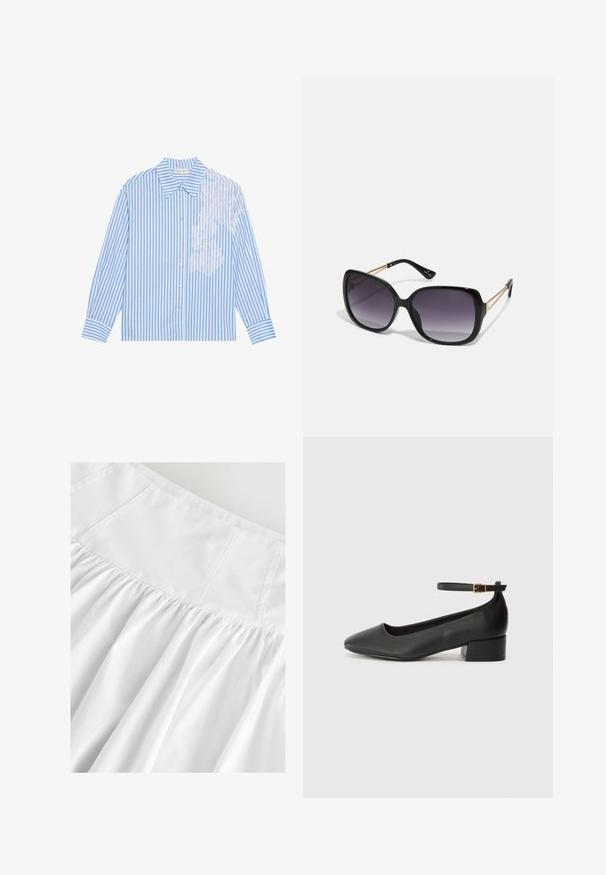 Plava i bijela prugasta košulja s dugim rukavima, oštrim ovratnikom i kopčanjem na gumbe, s čipkastim detaljem na lijevoj strani.; Bijela suknja s prilagođenim topom i naboranom teksturom. Napravljena od lagane tkanine, s suptilnim šavovima i mekanim, lepršavim drapiranjem.; Crne kožne pumpe s oštrim vrhom i niskom blok petom. Sadrže remen oko gležnja s zlatnim kopčanjem. Glatka tekstura.; Crne prevelike sunčane naočale s gradijentnim lećama, debelim okvirom i zlatnim lancem kao detaljem na krakovima.