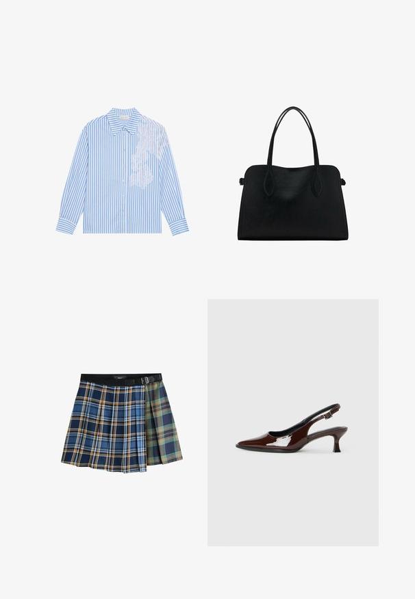 Sininen ja valkoinen raidallinen pitkähihaainen paita, jossa on terävä kaulus ja nappisulku, ja vasemmalla puolella pitsiyksityiskohta.; Lyhyet, laskostetut hameet, joissa on kahden sävyn ruutukuosi sinisessä, oranssissa, vihreässä ja tummansinisessä, mustalla vyötärönauhalla ja solkivyöllä varustettuna.; Ruske patentin nahkalijatke sa špicastim nosom i umjerenom petom. Sadrže remen s kopčom za sigurno pristajanje. Glatka tekstura.; Mustavihreä nahkalaukku, jossa on kaksinkertaiset olkahihnat, suorakaiteen muotoinen ja minimalistinen muotoilu valkoisella taustalla.