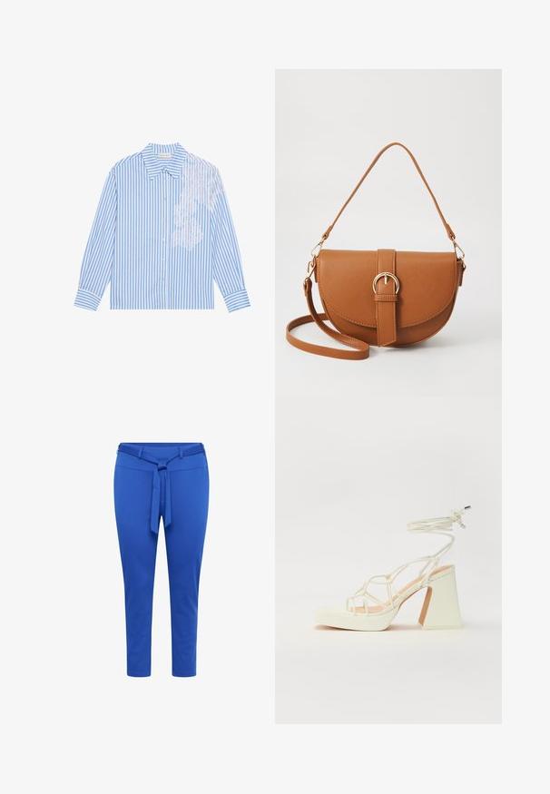 Blue and white striped shirt with long sleeves, a pointed collar, and button closure, featuring lace detail on the left side.; Blue tapered pants made of stretchy fabric with a belted waist, featuring a smooth texture and a mid-calf length.; White high-heeled sandal with a chunky heel, featuring a strappy design and ankle tie. Smooth texture with a platform front for added height.; Brown leather crossbody bag with a curved shape, gold hardware, and a buckle accent. Features a detachable shoulder strap.