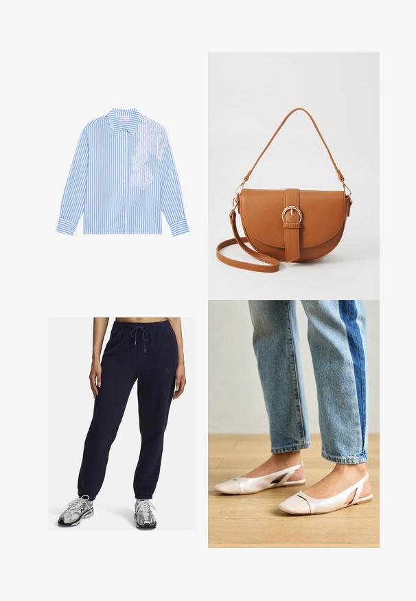 Blå och vit randig skjorta med lång ärm, spetsad krage och knappstängning, med spetsdetaljer på vänster sida.; Mörkblå fleece-joggingbyxor med elastiskt midjeband, dragsko och muddade anklar. Har en diskret broderad logotyp på sidan.; Ljust rosa slingback-lägenheter med spetsig tå, tillverkade av ett slätt läderliknande material. Har utskurna detaljer på sidorna och en platt häl.; Brun läder crossbody-väska med en böjd form, gyllene detaljer och en spänneaccent. Har en avtagbar axelrem.
