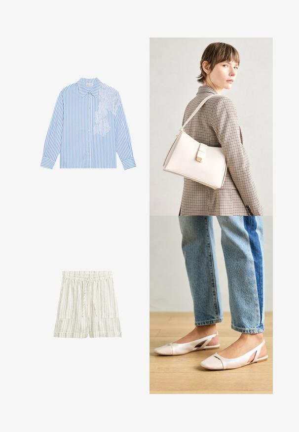 Zila un balta svītraina krekls ar garām piedurknēm, ar smailu apkakli un pogu aizdari, ar mežģīņu detaļu kreisajā pusē.; Lina maisījuma šorti gaiši krēmkrāsā ar vertikālām svītrām, elastīga jostasvieta, regulējama aukla un divas priekšējās kabatas.; Bālti rozā siksniņu dzīvokļi ar smailu purngalu, izgatavoti no gludas ādas līdzīgās materiāla. Iezīmē izgriezumu detaļas sānos un platu papēdi.; Balta ādas rokassoma ar strukturētu dizainu, kurai ir magnētiska aizdare un plecu josta, parādīta uz neitrāla fona.