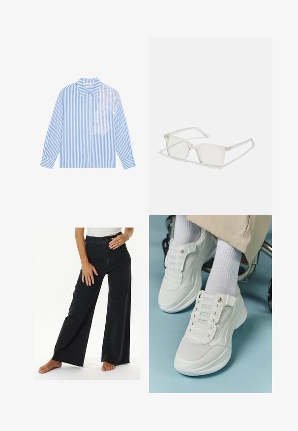 Camisa de rayas azul y blanca con mangas largas, cuello de punta y cierre de botones, con detalle de encaje en el lado izquierdo.; Jeans de mezclilla de pierna ancha de talle alto en negro, con cierre de botón y cremallera, detalles de dobladillo sin rematar y bolsillos en las costuras laterales.; Zapatillas blancas con material de malla, suela de goma, diseño sin cordones con bandas elásticas y detalles en tono dorado.; Gafas cuadradas de plástico transparente con lentes translúcidos, que cuentan con acentos dorados en las patillas para un detalle adicional.