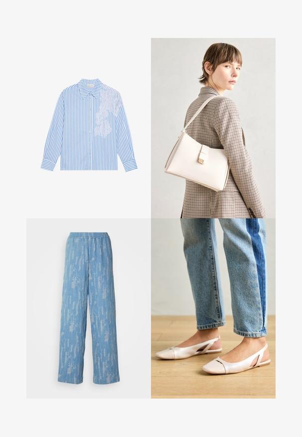 Zila un balta svītraina krekls ar garām piedurknēm, ar smailu apkakli un pogu aizdari, ar mežģīņu detaļu kreisajā pusē.; Gaiši zili plaša kāju bikses, izgatavotas no teksturēta auduma ar smalku abstraktu rakstu. Tām ir elastīga jostasvieta komfortam.; Bālti rozā siksniņu dzīvokļi ar smailu purngalu, izgatavoti no gludas ādas līdzīgās materiāla. Iezīmē izgriezumu detaļas sānos un platu papēdi.; Balta ādas rokassoma ar strukturētu dizainu, kurai ir magnētiska aizdare un plecu josta, parādīta uz neitrāla fona.