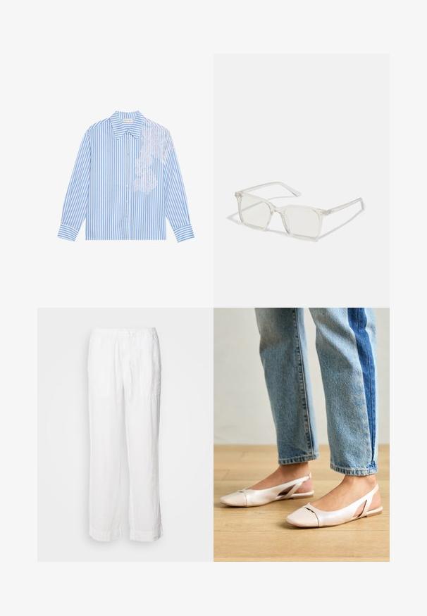 Chemise rayée bleue et blanche à manches longues, avec un col pointu et une fermeture à boutons, présentant des détails en dentelle sur le côté gauche.; Marc O'Polo PANTS JOGGER STYLE STRAIGHT LEG MEDIUM WAIST DRAWSTRING - Pantalon classique - white; Ballerines slingback rose pâle avec un bout pointu, fabriquées en un matériau semblable au cuir lisse. Présentent des découpes sur les côtés et un talon plat.; Lunettes carrées en plastique transparent avec des verres translucides, dotées d'accents dorés sur les branches pour plus de détails.