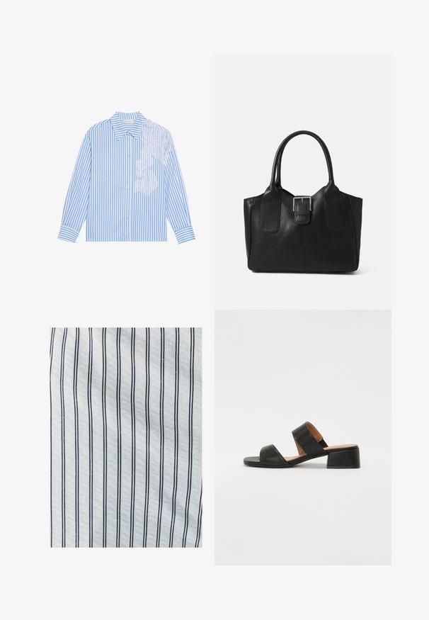Camisa de rayas azul y blanca con mangas largas, cuello de punta y cierre de botones, con detalle de encaje en el lado izquierdo.; Tela de algodón con rayas verticales blancas y azul oscuro. La textura es suave, con un espaciado consistente entre las líneas.; Sandalia de cuero negra con dos correas anchas que cruzan el pie, punta cuadrada y tacón bajo en bloque. Textura suave y diseño minimalista.; Bolso tote de cuero negro con textura suave, forma estructurada, dos asas y un prominente detalle de hebilla plateada en la parte frontal.