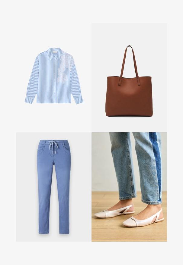 Cămașă cu dungi albastre și albe, cu mâneci lungi, guler ascuțit și închidere cu nasturi, având detalii din dantelă pe partea stângă.; Pantaloni de culoare albastru deschis cu un brâu reglabil, două buzunare frontale și croi slim. Materialul are o textură moale cu detalii de cusătură subtile.; Sandalete plate de un roz pal cu vârf ascuțit, realizate dintr-un material asemănător pielii, neted. Prezintă detalii decupate pe laterale și un toc plat.; Geantă de umăr din piele maro cu o textură netedă, design cu vârf deschis și două curele pentru umăr. Prezintă cusături minime și fără componente metalice vizibile.