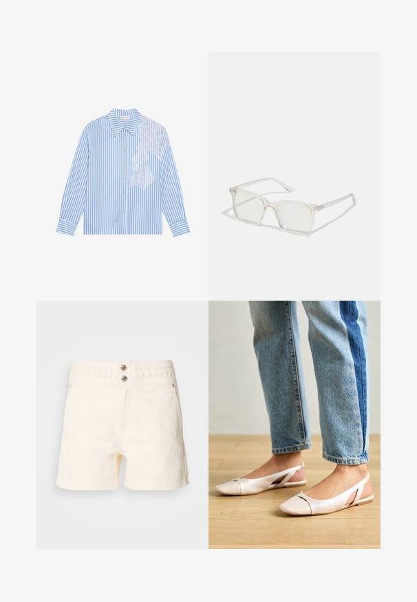 Svetlo modra in bela prugasta srajca z dolgimi rokavi, z ostrim ovratnikom in gumbastim zapenjanjem, ki vsebuje čipkaste detajle na levi strani.; Kremne kavbojke kratke hlače z teksturiranim elastičnim pasom, dvema sprednjima žepoma ter dvema okrasnima gumboma na pasu.; Svijetloružičaste slingback balerinke s šiljastim nožnim prstima, napravljene od glatkog materijala nalik koži. Imaju izrezane detalje sa strane i ravne pete.; Prozorne kvadratne plastične očala s prozornimi lečami, ki imajo zlato dekoracijo na ročajih za dodaten pridih podrobnosti.