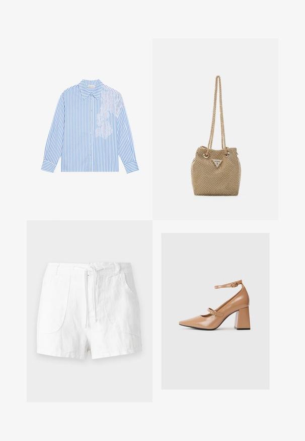 Zila un balta svītraina krekls ar garām piedurknēm, ar smailu apkakli un pogu aizdari, ar mežģīņu detaļu kreisajā pusē.; Baltā lina šorti ar savelkamu jostu, divām priekšējām kabatām un gludu tekstūru. Vienkāršs dizains bez rotājumiem.; Bēša lakota ādas augstpapēžu kurpes ar smailu purngalu, potītes siksniņu un masīlu kvadrātveida papēdi. Gluda tekstūra ar spīdīgu apdari.; Zelta austā rokassoma ar divām pītām siksnām, strukturētu virsmu, aukliņu aizdari un trīsstūra logotipa akcentu priekšā.