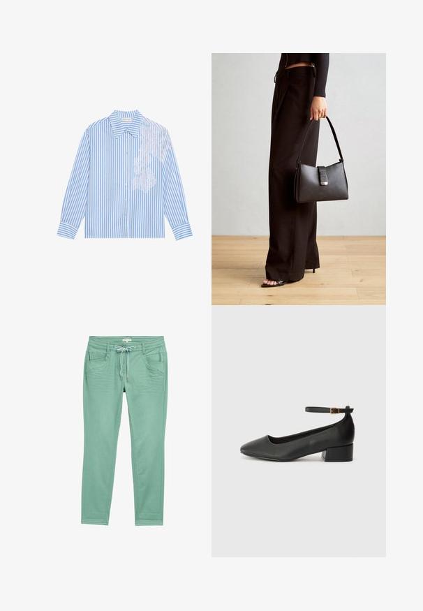 Modro-bílé pruhované tričko s dlouhými rukávy, špičatým límcem a knoflíkovým zapínáním, se zdobným krajkovým detaily na levé straně.; Mentolové kalhoty vyrobené z měkké tkaniny, s elastickým pasem na šňůrku, dvěma předními kapsami a jemnými švy podél bočních švů.; Černé kožené lodičky s špičatou špičkou a nízkým blokovým podpatkem. Obsahují pásek kolem kotníku se zlatou sponou. Hladký povrch.; Černá kabelka se strukturovaným tvarem, hladkým povrchem a kovovým uzávěrem. Kombinována s širokými černými kalhotami a sandály s otevřenou špičkou na dřevěné podlaze.