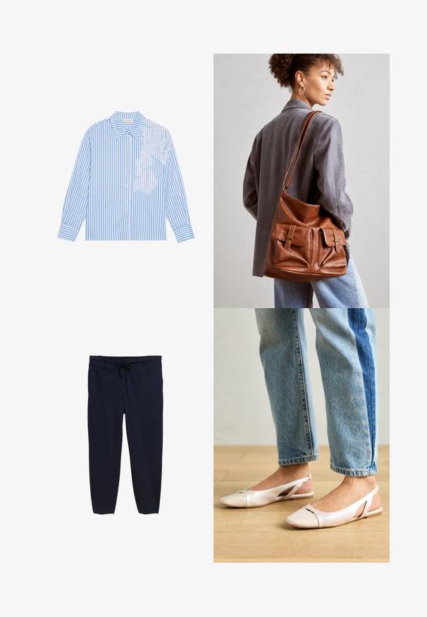 Blau-weiß gestreiftes Hemd mit langen Ärmeln, spitzem Kragen und Knopfverschluss, mit Spitzenbesatz auf der linken Seite.; Marineblaue Hose mit elastischem Bund und Kordelzug. Das Material ist glatt, mit einer schmal zulaufenden Beinform und ohne sichtbare Muster.; Blassrosa Slingback-Ballerinas mit spitzem Punkt, aus einem glatten, lederähnlichen Material. Mit Ausschnitten an den Seiten und einem flachen Absatz.; Braune Leder-Eimerhandtasche mit zwei vorderen Taschen und Schnallenakzenten. Die Tasche hat eine glatte Textur und einen verstellbaren Tragegurt.