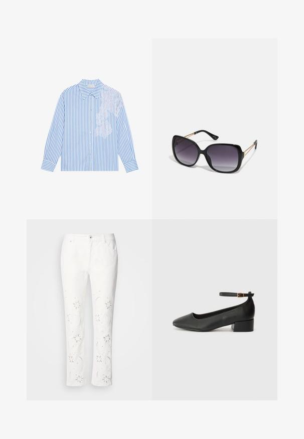 Plava i bijela prugasta košulja s dugim rukavima, oštrim ovratnikom i kopčanjem na gumbe, s čipkastim detaljem na lijevoj strani.; Bijele pamučne hlače s cvjetnim vezom duž nogu, ravnog kroja i zatvaranjem na gumb u struku.; Crne kožne pumpe s oštrim vrhom i niskom blok petom. Sadrže remen oko gležnja s zlatnim kopčanjem. Glatka tekstura.; Crne prevelike sunčane naočale s gradijentnim lećama, debelim okvirom i zlatnim lancem kao detaljem na krakovima.