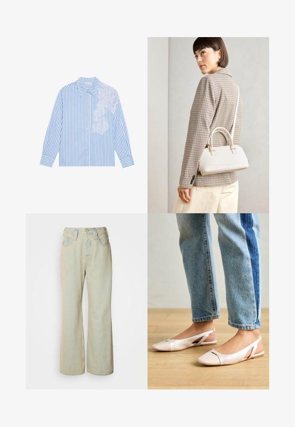 Blauw-wit gestreepte blouse met lange mouwen, een puntige kraag en knoopsluiting, met kantdetails aan de linkerkant.; Lichtblauwe wijde jeans van denim, met een hoge taille, vijf zakken en subtiele vervaging met contrasterende stiksels.; Zachtroze slingback ballerina's met een spitse neus, gemaakt van een glad leerachtig materiaal. Bevat uitsnijdingen aan de zijkanten en heeft een platte hak.; Witte gestructureerde handtas met korte handvatten en een schouderband, voorzien van gouden hardwareaccenten en een textuurmateriaal, tentoongesteld tegen een grijze achtergrond.; Gouden metalen oorbel met een slank, gebogen ontwerp. Beschikt over een kenmerkende puntige vorm, gepolijste oppervlakte en scharnier sluiting.