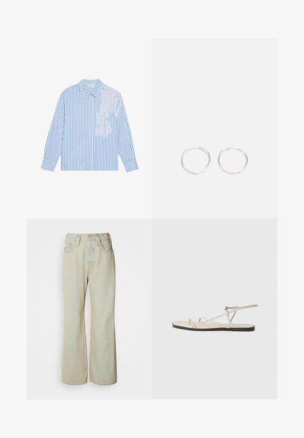 Blauw-wit gestreepte blouse met lange mouwen, een puntige kraag en knoopsluiting, met kantdetails aan de linkerkant.; Lichtblauwe wijde jeans van denim, met een hoge taille, vijf zakken en subtiele vervaging met contrasterende stiksels.; Beige platte sandaal met meerdere slanke bandjes en een verstelbare gesp. De zool is plat met een lichte donkere contrastering aan de rand.; Zilveren ronde oorbellen met een strak ontwerp, voorzien van een glad oppervlak en zonder zichtbare versieringen. Diameter niet opgegeven.
