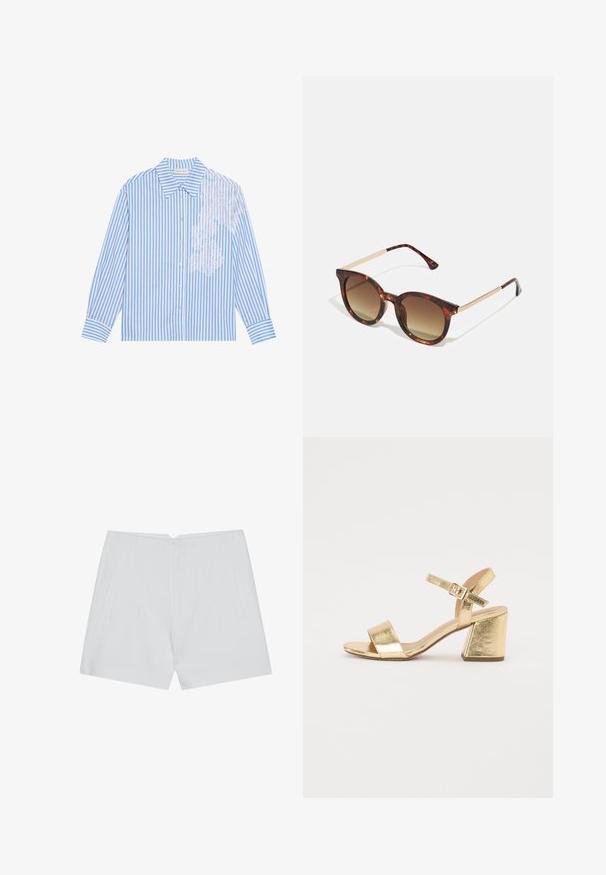 Kék és fehér csíkos ing, hosszú ujjakkal, hegyes gallérral és gombos záródással, bal oldalon csipke részlettel.; Fehér rövidnadrág, amely szabott stílusú, sima elülső résszel, két oldalsó zsebbel és tiszta szegéllyel rendelkezik. Sima anyagból készült, látható minták nélkül.; Arany fémes, magas sarkú szandál, vastag sarkú, nyitott orrú és bokapántos. Sima textúrájú és minimalista dizájnú.; Sárgásbarna napszemüveg, fokozatos barna lencsékkel, kerek formával és aranyszínű fém díszítéssel a száron.; Fehér, strukturált kézitáska rövid füllel és vállpánttal, arany színű fém kiegészítőkkel és texturált anyagból, szürke háttér előtt bemutatva.