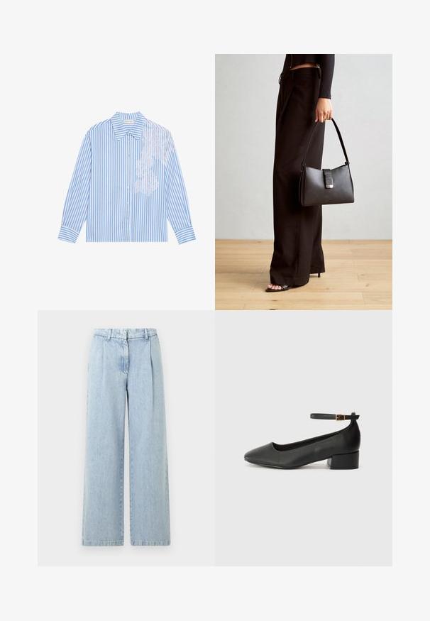 Cămașă cu dungi albastre și albe, cu mâneci lungi, guler ascuțit și închidere cu nasturi, având detalii din dantelă pe partea stângă.; Pantaloni din denim bleu deschis, cu picioare largi, pliseuri, talie elastică și spălare ușor decolorată. Prezintă o croială dreaptă și margini finisate.; Pantof cu toc negru din piele, cu vârf ascuțit și toc mic pătrat. Dispune de o curea la gleznă cu o cataramă în tonuri de aur. Textură netedă.; Genți negre cu o formă structurată, textură netedă și un închizător metalic. Asortată cu pantaloni negri largi și sandale cu vârf deschis pe un podea din lemn.