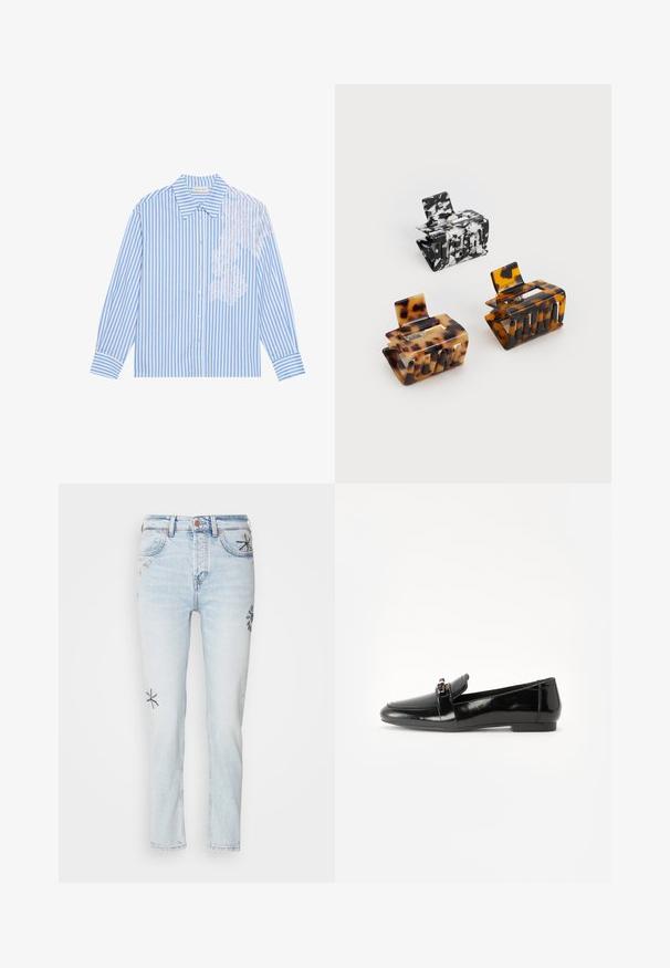 Blå og hvit stripete skjorte med lange ermer, spiss krage og knappelukking, med blonder detalj på venstre side.; Lys blå denimjeans med rett fit, med dekorativ blomsterbroderi i mørkere blått og gult på beina. Klassisk fem-lomme design.; Svart lakkert lærloafer med flat såle, rund tå og en dekorativ rem med gulltonet akzent. Glatt, blank overflate.; Tre hårnåler: en i svart og hvitt marmorert, to i skilpaddemønster i brune og svarte nyanser, alle laget av glansfull plast med en teksturert finish.