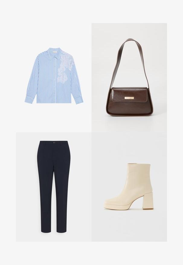 Camisa de listras azuis e brancas com mangas longas, colarinho pontudo e fecho por botões, apresentando um detalhe de renda no lado esquerdo.; Anna Field Calças - dark blue; Bota ankle de couro bege com salto bloco e sola plataforma, acabamento suave e bico ligeiramente quadrado, virada para a esquerda em fundo branco.; Bolsa de ombro em couro castanho com uma forma estruturada, apresentando um fecho magnético e um detalhe metálico com o logótipo na frente.
