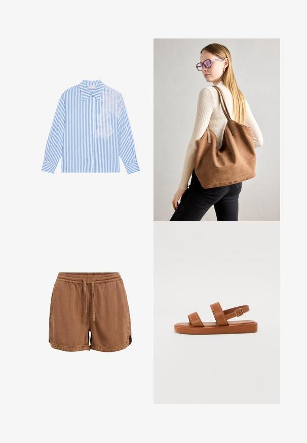 Blå og hvidstribet skjorte med lange ærmer, spids krave og knaplukning, med blonderdetalje på venstre side.; Brune shorts lavet af blødt stof, med elastisk talje, justerbar snor og sidelommer. Sørg for at have små sideåbninger i kanten.; Brune lædersandaler med to brede stropper og en bagside, der har en flad sål med diskrete syninger og metalspænde som detalje.; Brun ruskind tote taske med blød tekstur, stor åbning og lange stropper. Har et enkelt design med synlige syninger og ingen hardware.