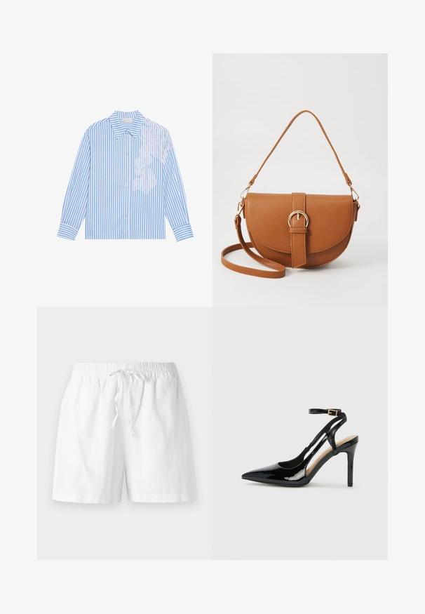 Blau-weiß gestreiftes Hemd mit langen Ärmeln, spitzem Kragen und Knopfverschluss, mit Spitzenbesatz auf der linken Seite.; Weiße Baumwollshorts mit einem elastischen Bund, Kordelzugdetail und bequemer Passform. Glatte Textur und knielanges Design.; Schwarze Patentleder-High-Heel-Slingback-Pumps mit spitzem Zeh, verstellbarem Knöchelriemen und offenen Seiten. Glatte Textur.; Braune Leder-Crossbody-Tasche mit geschwungener Form, goldfarbenen Beschlägen und einer Schnallenakzentuierung. Verfügt über einen abnehmbaren Schultergurt.