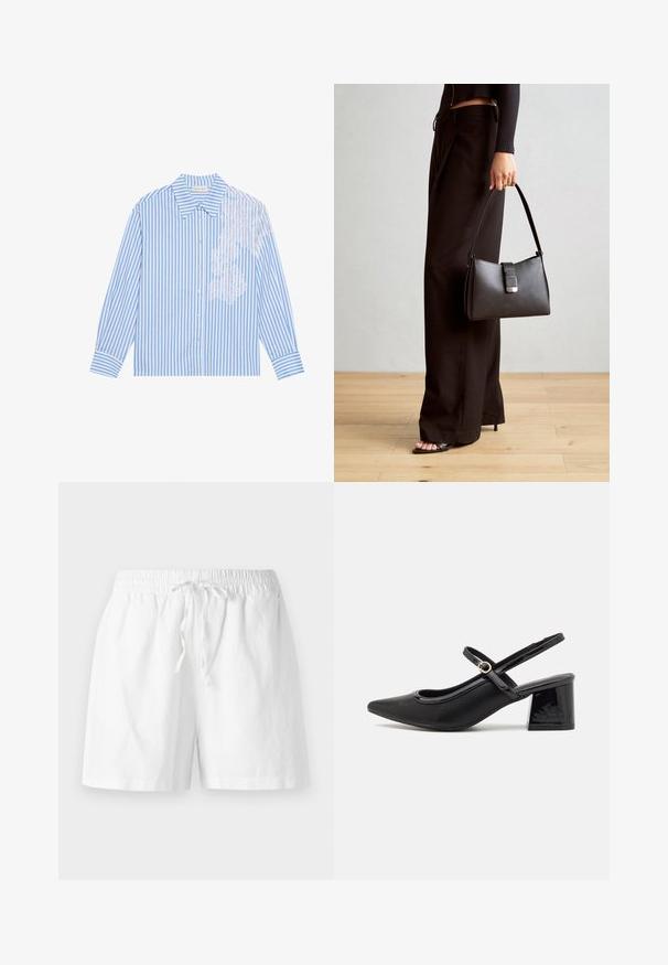 Sinine ja valge triibuline pikkade varrukatega särk, millel on terav krae ja nööbikinnis, vasakul küljel pitsdetail.; Valged puuvillased lühikesed püksid elastse vöökoha, paelaga detaili ja lõdva lõikega. Sile tekstuur ja põlvepikkune disain.; Mustad läikivad nahast slingback-kõrged kontsad, millel on terav nina, ümar lõikekujundus ja blokknina. Omab kuldset nupu aktsenti.; Must musta kott, millel on struktureeritud kuju, sile tekstuur ja metallist klamber. Kombineeritud laiate mustade pükstega ja avatud varvaste sandaalidega puidust põrandal.