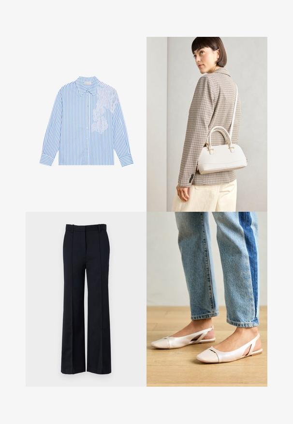 Blå og hvit stripete skjorte med lange ermer, spiss krage og knappelukking, med blonder detalj på venstre side.; Sorte vidde bukser med skreddersydd snitt, glatt stoff, sidelommer og flat front med beltehemper.; Lys rosa slingback leiligheter med spiss tå, laget av et glatt, læraktig materiale. Har utskjæringer på sidene og lav hæl.; Hvit strukturert håndveske med korte håndtak og skulderreim, med detaljer i gullfinish og teksturert materiale, vist mot en grå bakgrunn.