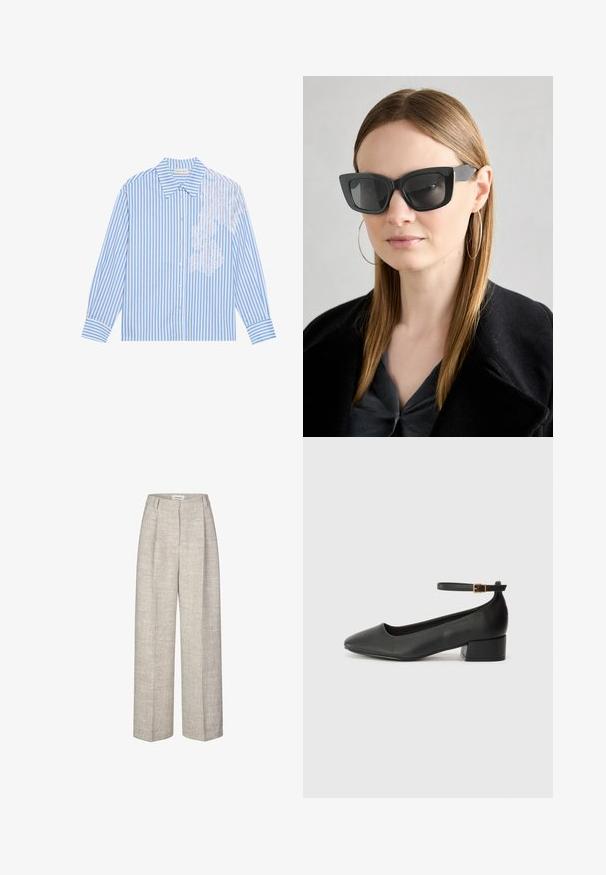 Blå och vit randig skjorta med lång ärm, spetsad krage och knappstängning, med spetsdetaljer på vänster sida.; Ljust grå högmidjade byxor med en texturerad tyg, vida ben och två framfållade veck. Har ett framknäppning och bältesöglor.; Svart läderpump med spetsig tå och en låg klack. Har en ankelsnodd med en guldtonad spänne. Slät textur.; Svarta katterformade solglasögon med mörka linser, tjocka bågar och subtila detaljer. Bärs tillsammans med en svart kappa och en grå topp, med långt rakt hår.